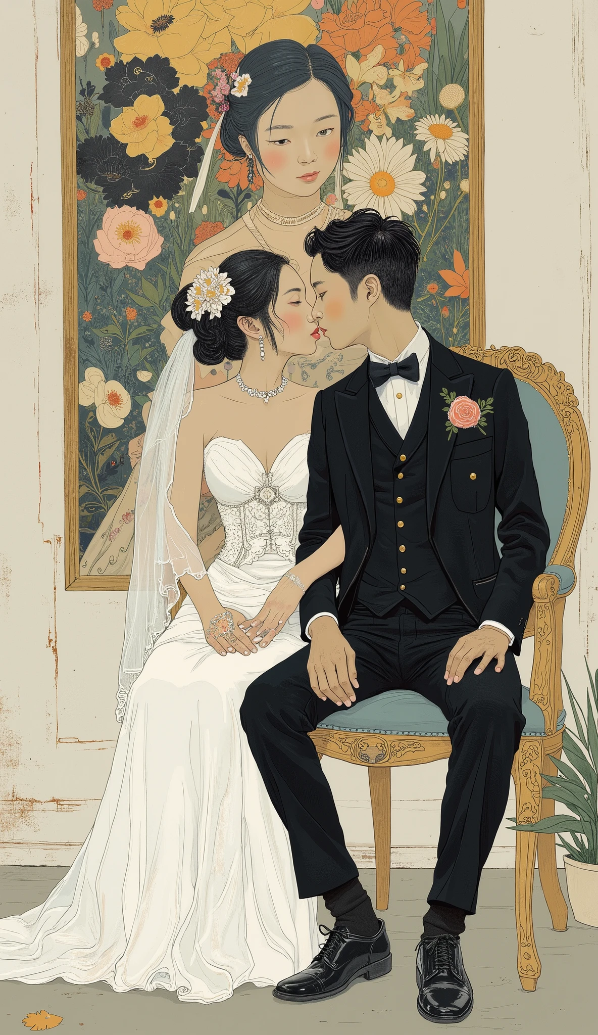 Japanese couple sitting on a chair in front of a painting,It's a tuxedo, wedding dress、 Influenced by Shimamoto Shozo, James Jean and Petra Courtright, photoshoot, Hwang Yu-sung and Takano Aya, James Jean and Fenghua Zhong, Nguyen Gia(Luan Jia)and Feng Hua(Feng Hoa), official artwork, Exquisite painting, action painting, gurus, ah、God