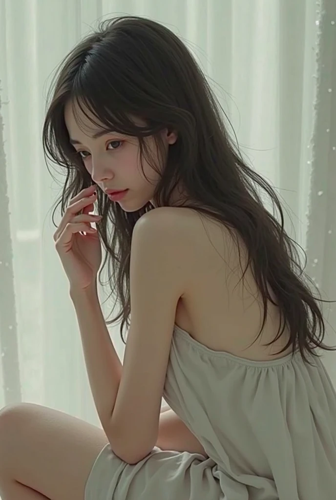 masterpiece、highest quality、16K、ultra high resolution、UHD,Depth of the bounds written、very detailed、soft light、professional lighting、Pale shading、Weak contrast、Japanese、beautiful girl、slender woman、Smooth, silky skin、clear white skin、daytime office、Window seat、sitting in front of the computer、A tight, pale mint green knit dress that hugs her breasts、(smooth and beautiful thighs:1.6)、(small breast:1.0)、flat chest、Childlike breasts、small areola、small nipples、beautiful nipples、Cherry-colored nipples、white breast、fine and beautiful eyes、(hanging eyes)、(thin eyebrows:1.8)、(thin lips:1.8)、natural makeup、natural color lip、gentle smile、(floating hair、long wavy hair、high ponytail),(The bangs are see-through bangs)、