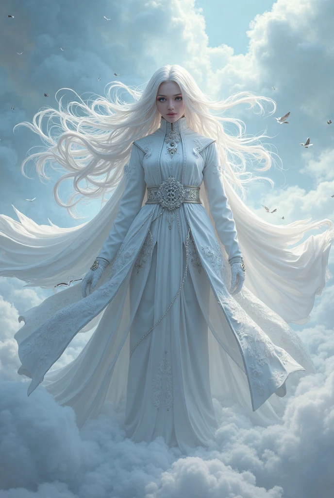 A woman with white hair and wings in a white dress - SeaArt AI