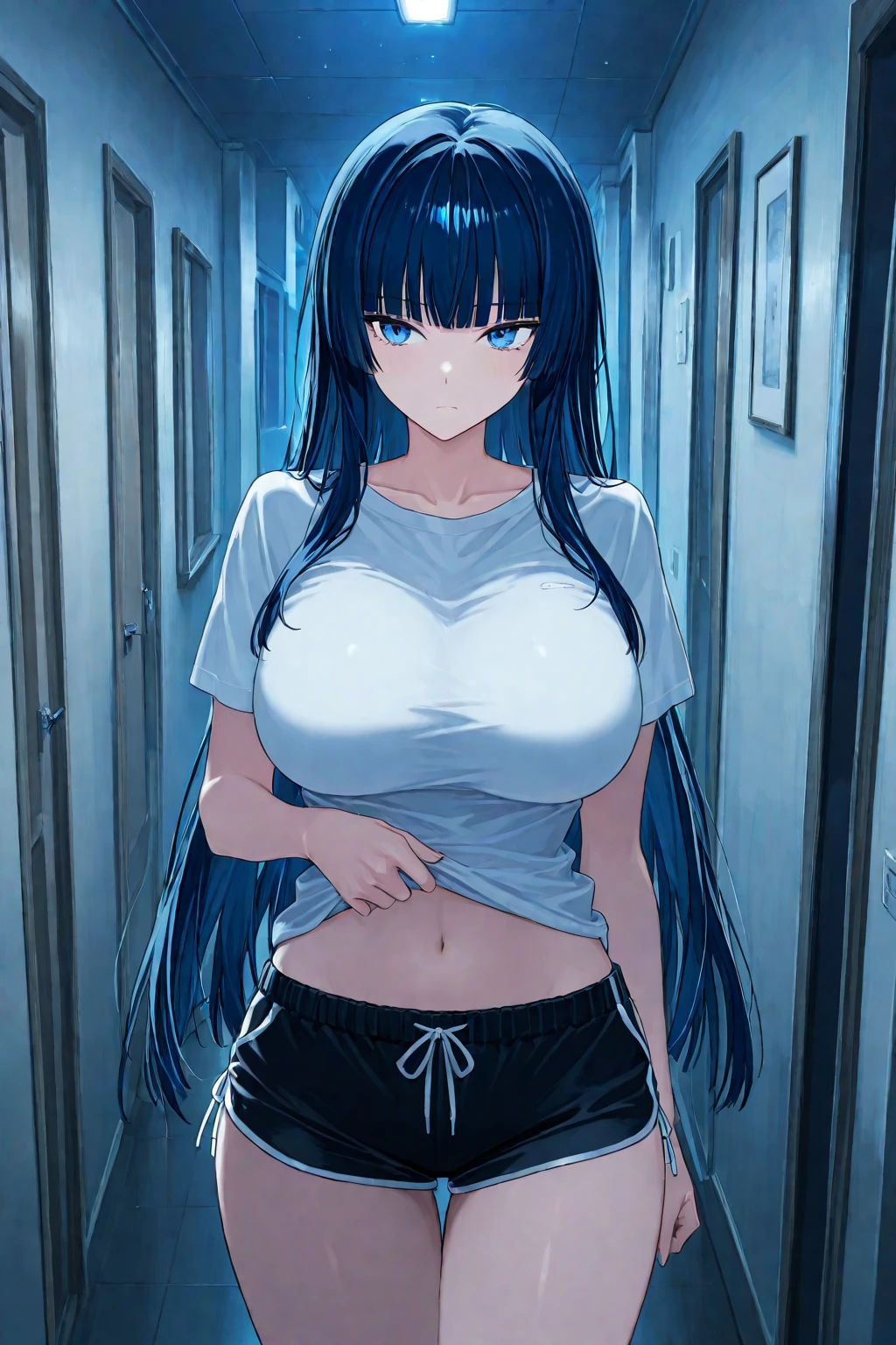 bangs, sidelocks, black hair, long hair, black hairband, perfect shiny hair, blue eyes, ultra-detailed eyes, iridescent shiny eyes,, , empty eyes , large breasts, nipple, Walking, , Abandoned Hospital frozen, wet, crying ,, Naked, , (1girl) Blank look