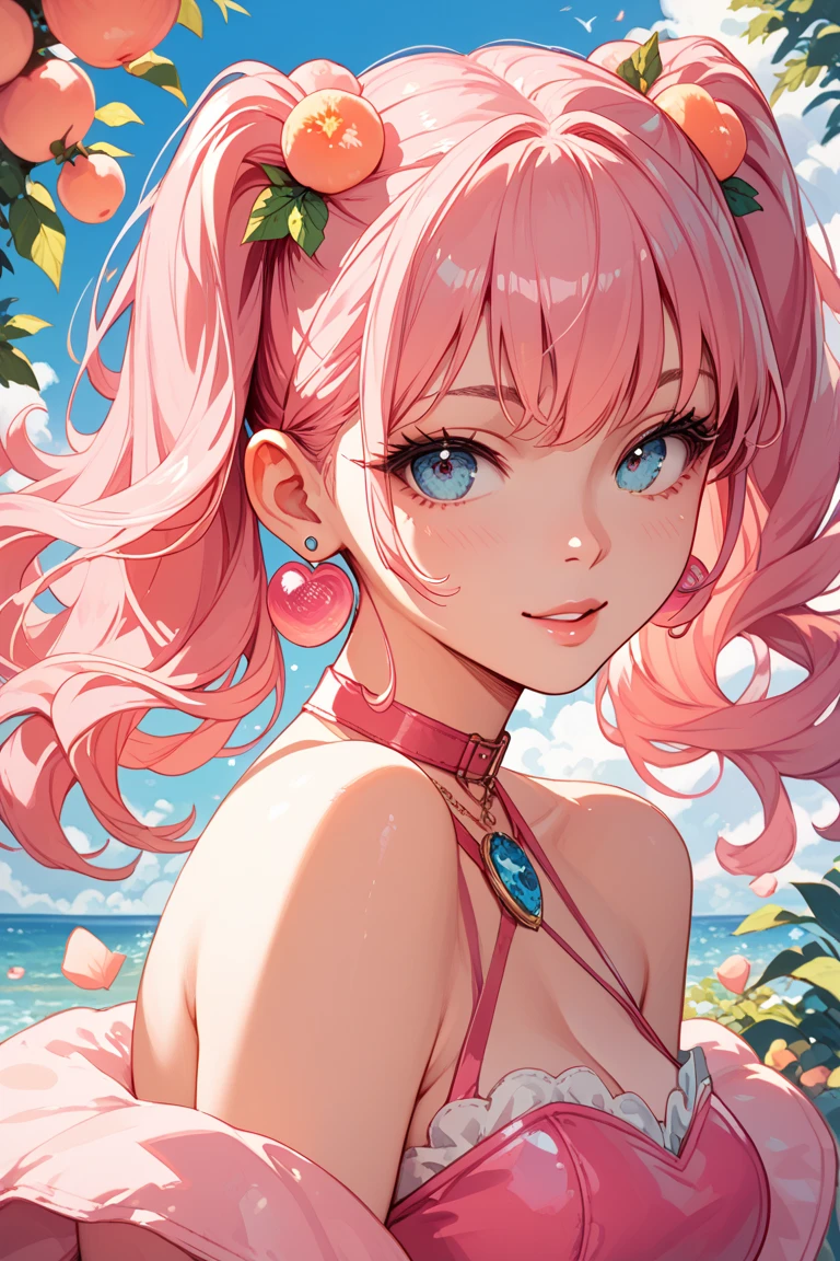 18 year old girl、Pink hair, twin drills, Yellow eyes, pointy ears, Undersized breasts, White Bikini, Illustrations, Ultra-detailed, Vibrant colors, landscape of a beach, Soft lighting, summer feel