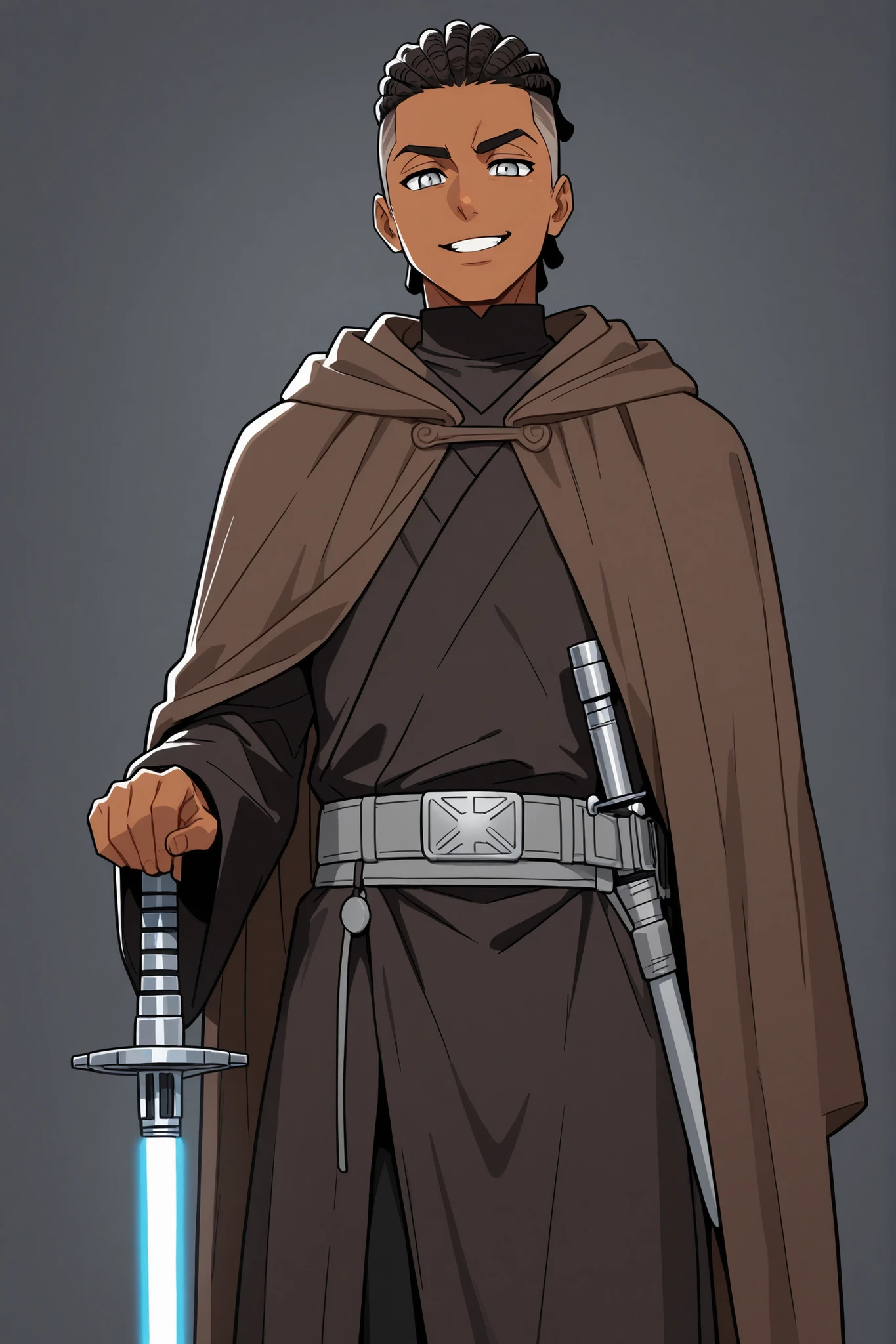 undercut,masterpiece, high quality, ultra-detailed, (1boy), dark skin color, (black Jedi robes), Jedi attire, handsome guy, inspired by starwars, Jedi knight attire, jedi robes, grey belt, Brown Jedi cloak, silver eyes, (Pale Silver eye color), lightsaber hilt on belt, (dark tan skin color), (Dreadlocks hairstyle), (Confident positive wide toothy Grin Satoru gojo facial expression)