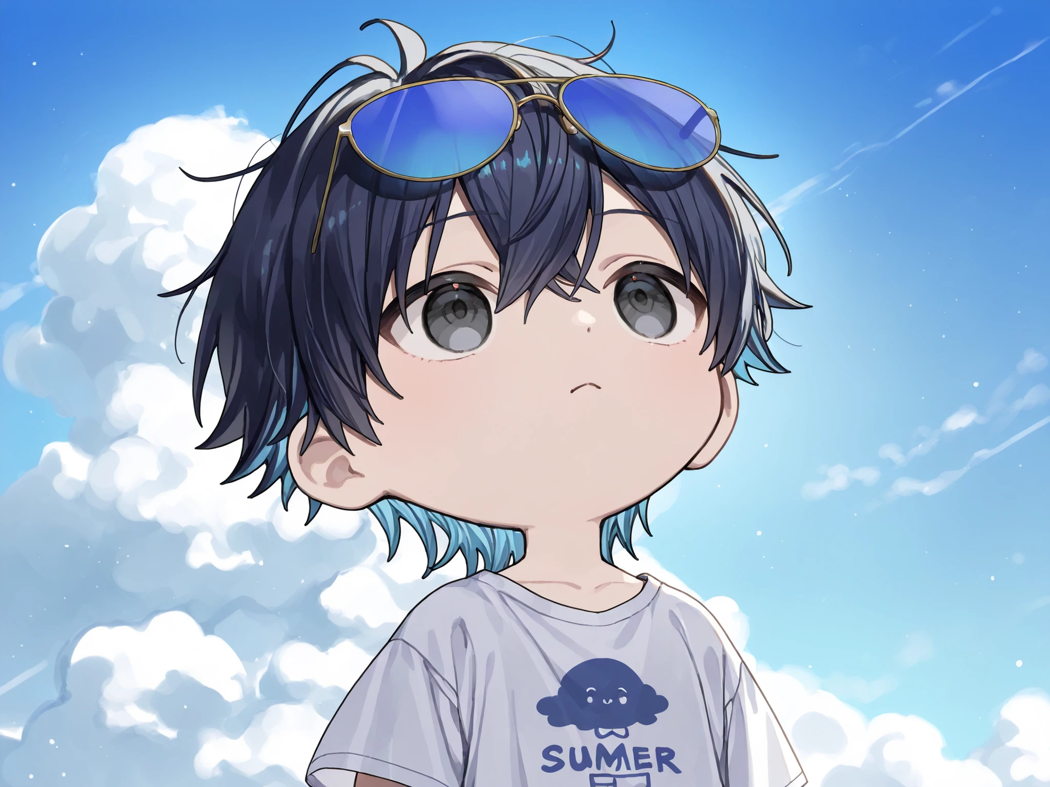 ((solo, deformed character、deformed characterだけ、anime))、(( male))、black eyes、2 color hair、dark haired、Blue hair、Black-Blue、hair is a mess、upper body、facing up、Large white T-shirt、Blue Sky、 White Clouds 、summer、Light Blue Sunglasses、unmotivated、Back view、