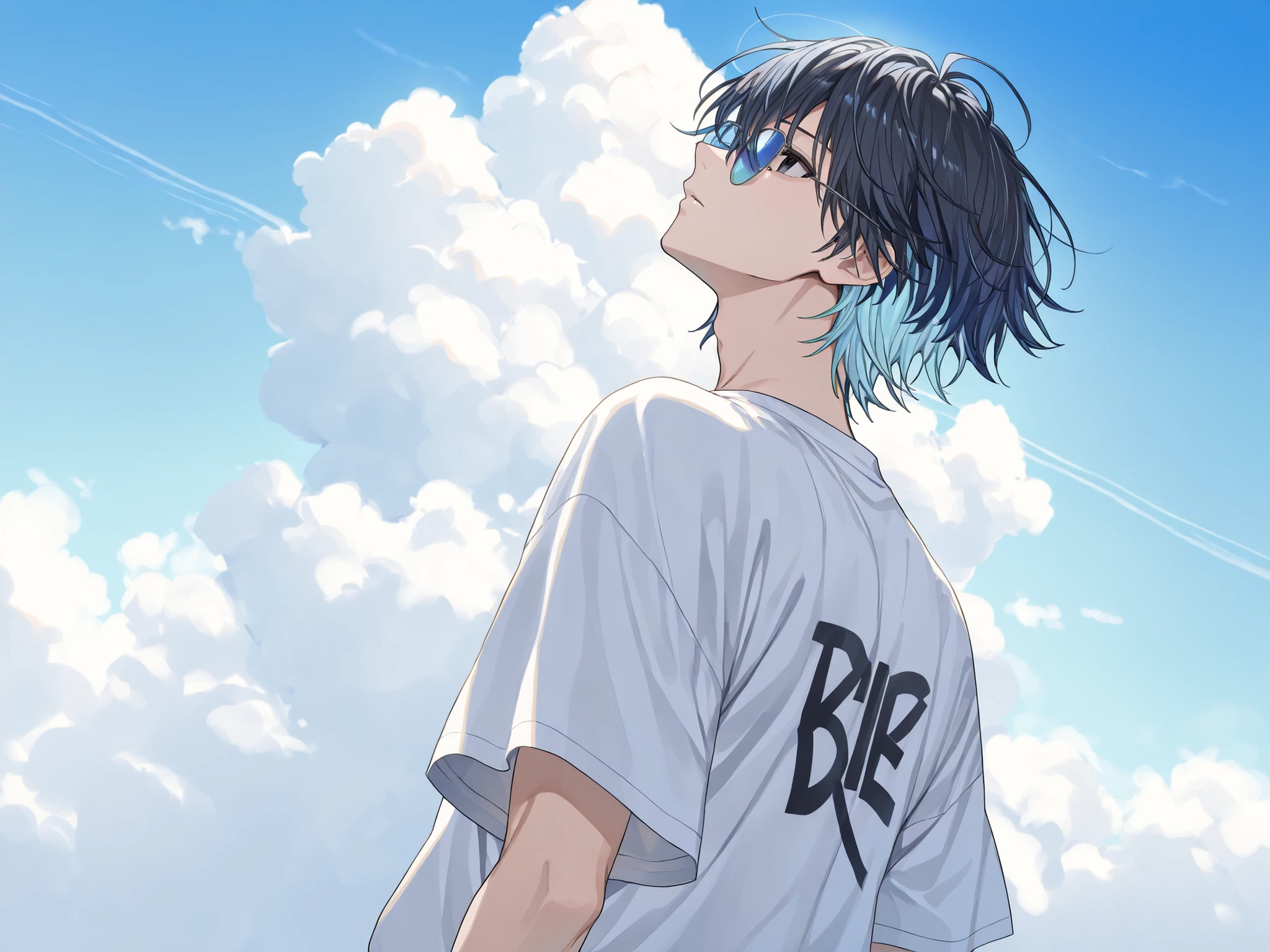 ((solo, anime))、(( male))、black eyes、2 color hair、dark haired、Blue hair、Black-Blue、hair is a mess、upper body、facing up、Large white T-shirt、Blue Sky、 White Clouds 、summer、Light Blue Sunglasses、unmotivated、Back view、distant angle、The sky is high、