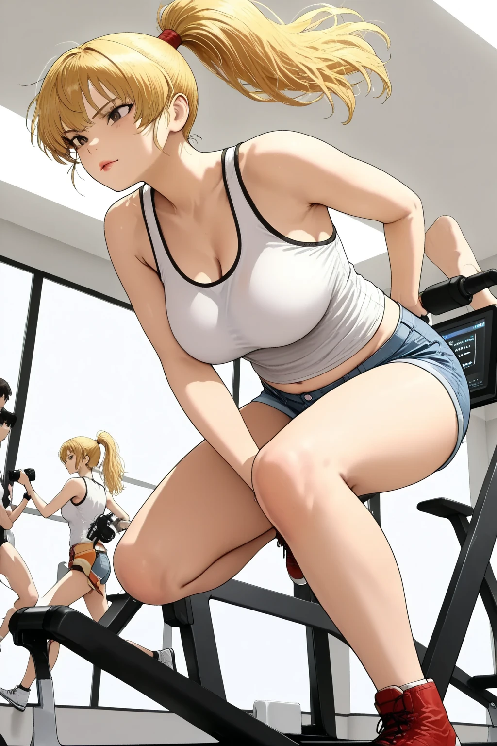 (masterpiece, best quality:1.2), frontal full body shot, Android 18 from Dragon Ball, working out in a gym, wearing a (training wear, e.g. sports bra and leggings), (white over-ear headphones must be worn), short blonde hair pulled back with strands sticking to her sweaty forehead, blue eyes, earrings on earlobes, sweating from exercise, slender feminine figure, narrow waistline, inside a gym with equipment visible, large window showing Mount Fuji and sun in the distance, 4K
