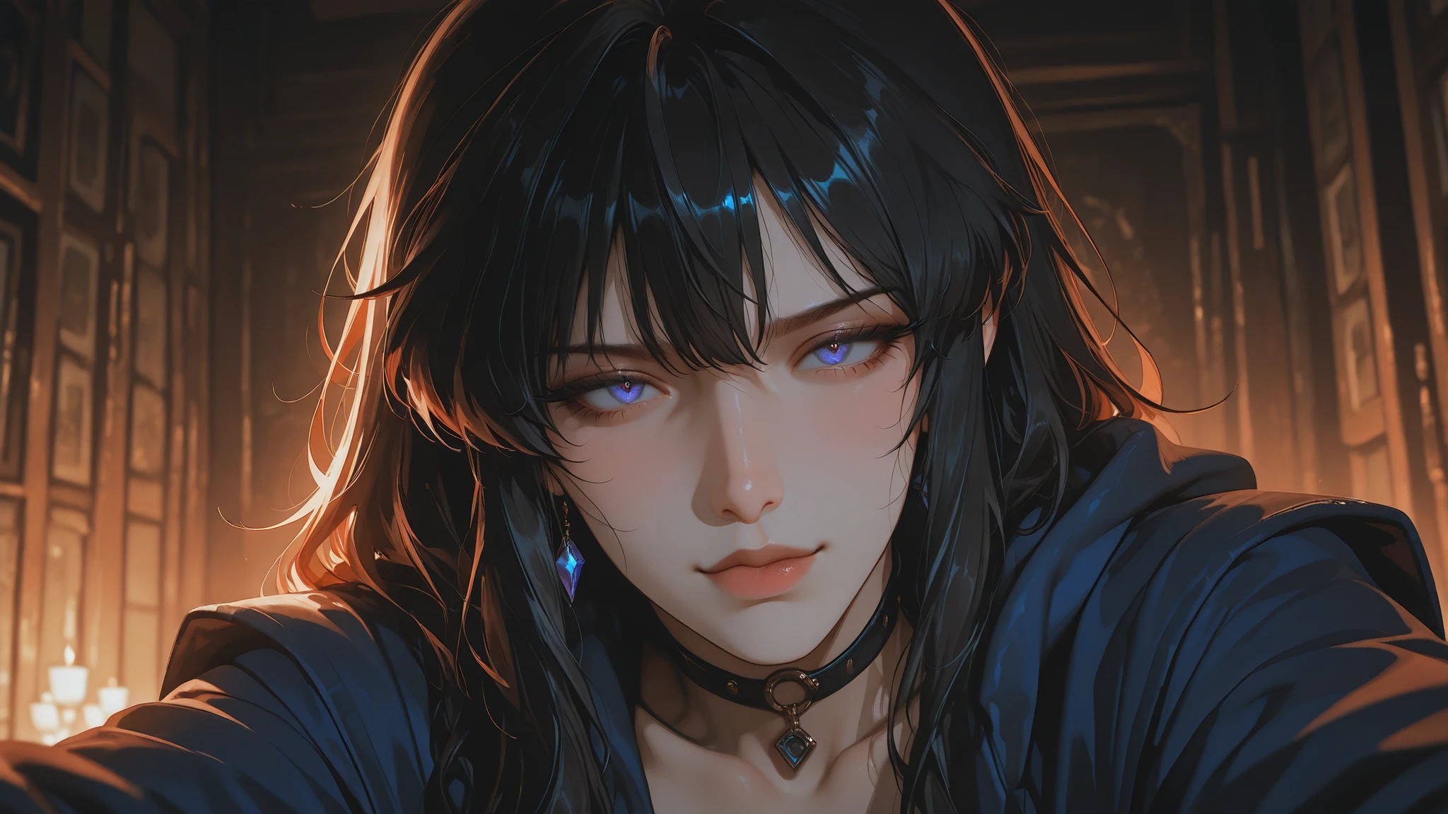 Create an intense, evocative portrait in the Japanese retro anime style of the 80s and 90s. The scene features a feale bathed in deep dark light. The background is stark, with sharp contrasts highlighting the contours of he form. The blue and violet and black palette intensifies the mood, evoking a sense of mystery and allure. Subtle film grain and meticulous shading add depth and texture, emphasizing the emotional gravity of the scene. The lighting creates a chiaroscuro effect, accentuating her expressive pose and the intense atmosphere. black hair