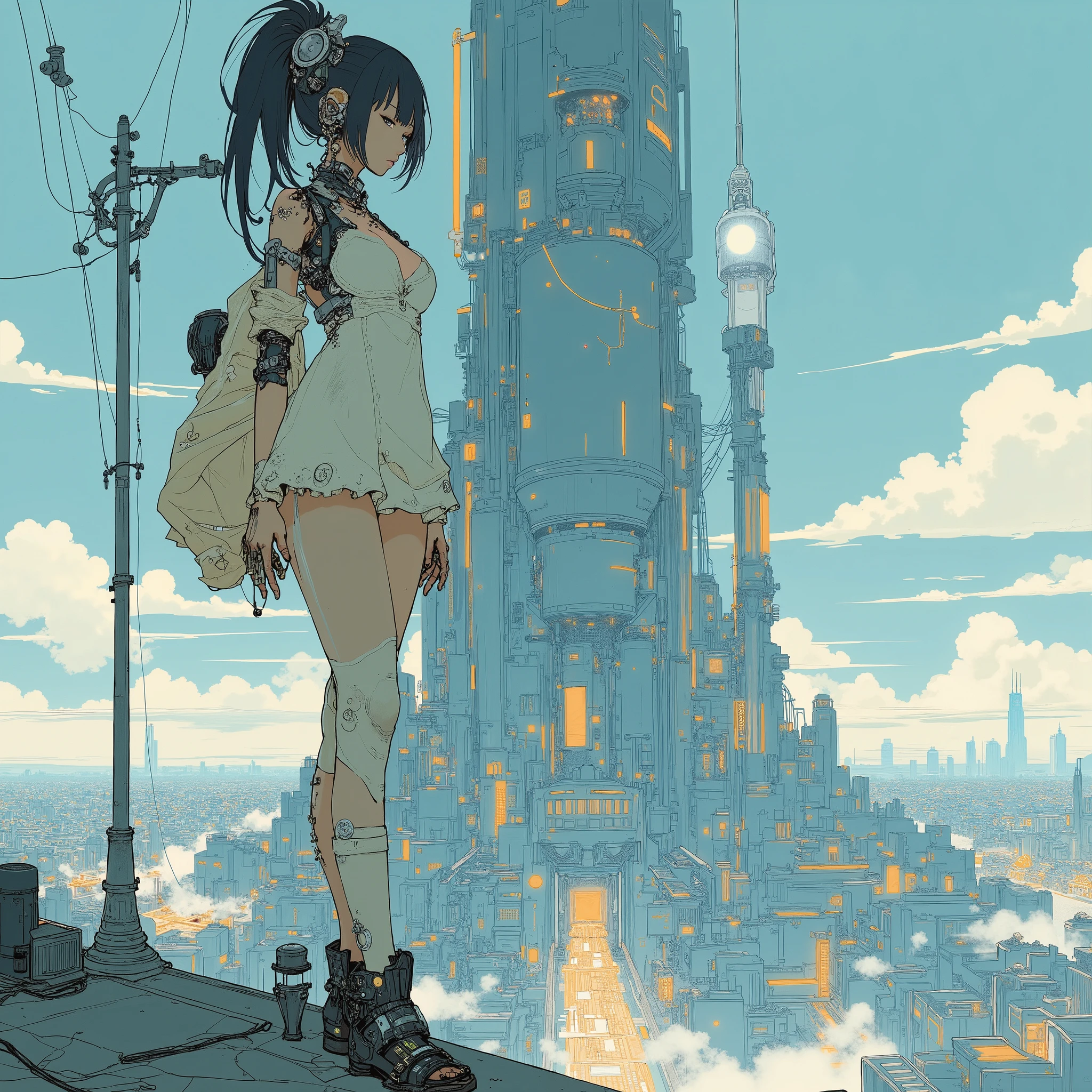 Cyborg Girl Nude、 mechanical body 、video、Picturesque posture on the roof of a skyscraper、cyberpunk style itself、Extreme Perspective、perspective、low position、low angle、wide-angle lens with broad skin、soft、light、lightweight、Dutch angle、flat animation、