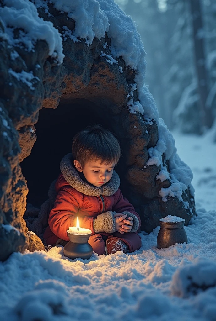 Shelter in the Cave
A small cave in the snowy mountain, the big boy Arin curled up for warmth, melting snow in a pot by the tiny candlelight. The warm glow creates a safe contrast against the icy blue outside.