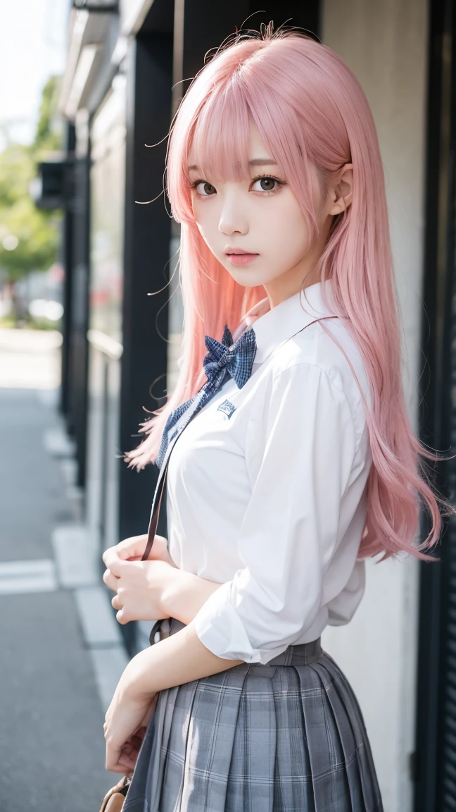 (32K, RAW photo, best quality, mastery:1.3),(realistic,photo-realistic:1.37),(night),(looking viewer:1.331),(pink silver hair),posing,Tokyo street,nightcityscape,Cyberpunk City ,softlighting,1girl,Extremely beautiful face,Bust,put down hands,smiled,Alvine,(Short-sleeved JK_shirt),JK_style,(Navy JK_skirt),(Bow JK_tie),mix4,Messy Hair,Light makeup,Prostitute,A young, slim, beautiful girl,Beautiful nipples,