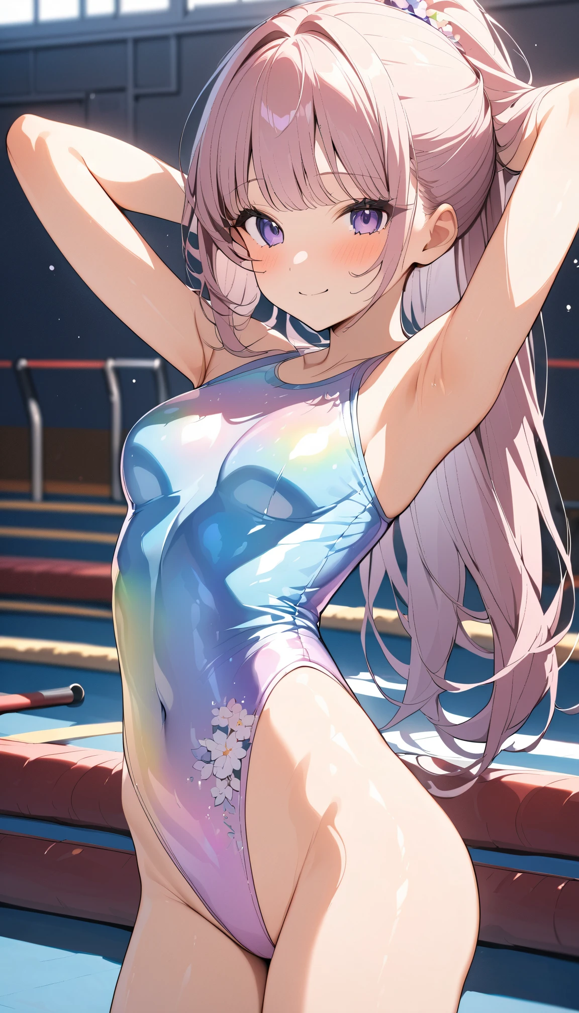 highquality illustration, masterpiece, very delicate and beautiful, attractive girl,(gymnastics leotard, Floral patterns leotard,long sleeve leotard with glittery decoration,high_leg leotard,athletic leotard,tight-fit leotard,iridescent gradient leotard,long-sleeve leotard),thin,slender body,slim,high school,gymnasium background,gymnastics club,gymnastics athlete,princess, beautiful eyes,light smile,(masterpiece, best quality:1.2), highres, extremely detailed CG unity 8k wallpaper, perfect lighting, Colourful, ultra-high res,4K,ultra-detailed, photography, 8K, HDR, 17 ages, full body,