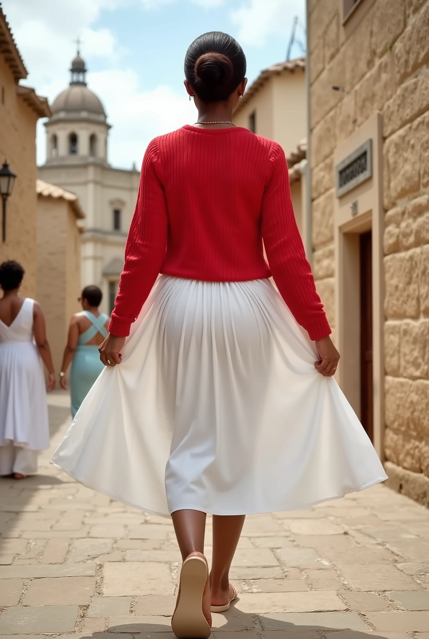 (YES SFW), a Nigerian african black woman wearing a large white skirt, windyupskirt, wind lifts up skirt showing white panties. ((extreme detail)), (ultra-detailed), best quality, ultra high res, (8k, RAW photo, masterpiece, realistic, photorealistic:1.4), 8k uhd, dslr, absurdres, ray tracing, high quality texture, intricate details, detailed texture, finely detailed. Photo of a woman with a red ribbed cotton sweater. Trying to keep skirt down. She walks down the streets of Matera. Outdoor in Sassi of Matera. Matera's Cathedral in background. Ass view, smooth skin, real pores, back view, bottom view, best quality, fine details, {{masterpiece, best quality, extremely detailed CG, unity 8k wallpaper, cinematic lighting, lens flare}}.