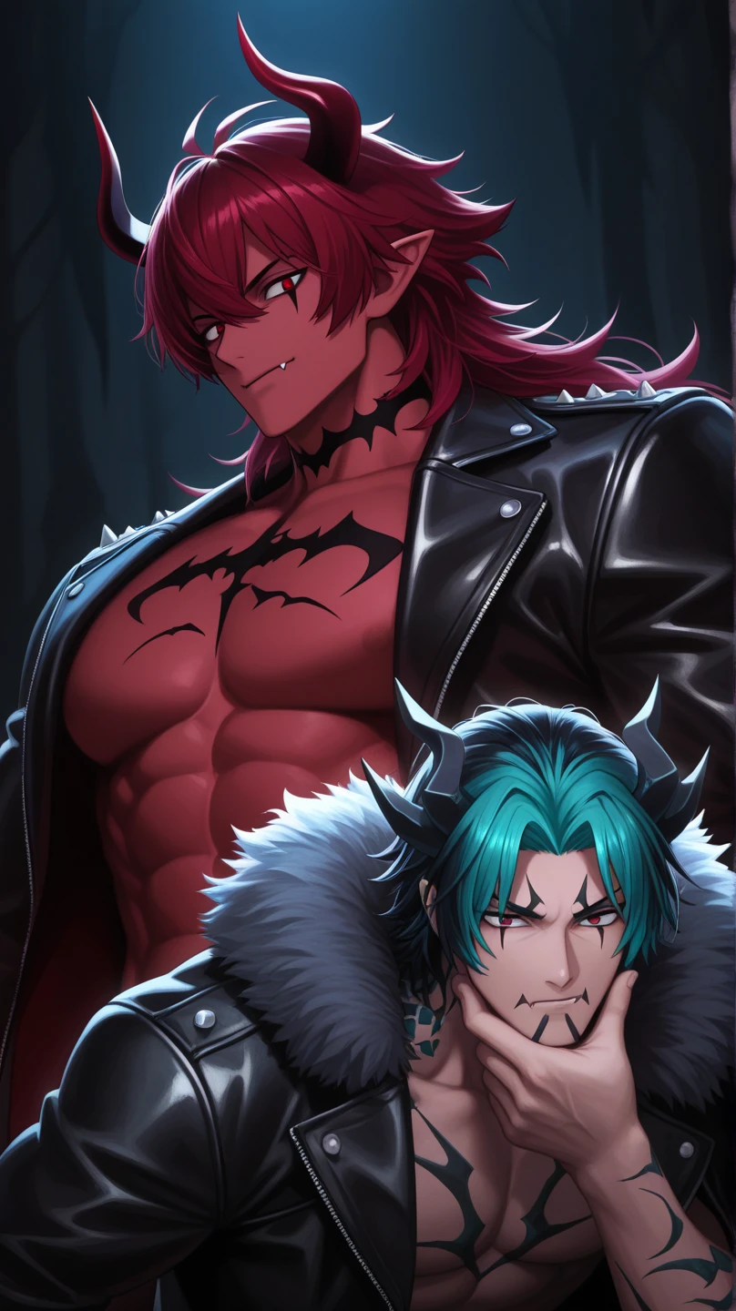 Masterpiece, Anthropomorphic red dragon, There are a pair of beautiful dragon horns gradient from blue to white., blue eyes, red dragon scales, 1 cola, very muscular body, handsome, Black fashionable leather clothing, smiling, who is in a bar hugging a muscular human boy, with black top, smiling. full body.