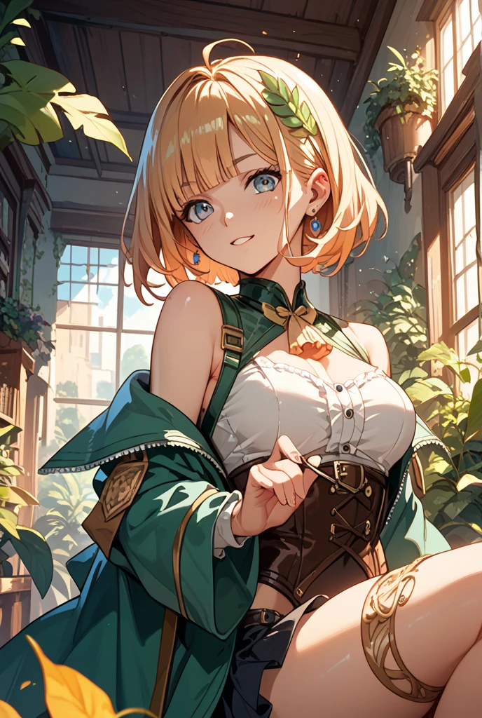 (Best quality, 8k, 32k, Masterpiece, UHD,:1.2),RAW, 1girl,ultra cute , natural lighting,transparent shining eyes, 20yo,big breast ,fair complexion, big breast, short hair, flushed face, from above, sitting, emphasizing the big breast, Elf ,A fitted, corset with intricate gold embroidery depicting vines and leaves, The corset is layered over a sheer, earthy-brown blouse with billowing sleeves that cinch at the wrists,high-waisted mini hipbone garter skirt in deep forest green, with gold stitching along the sides,leather utility belt, emphasizing the breast, from above, blonde short hair,