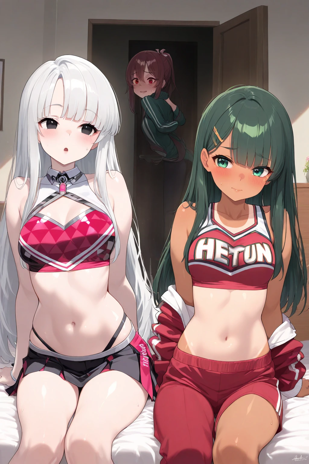(nsfw:1.3),((2 girls,10yo)), (Blushing:1.4), (silk highleg small tight sports bikinis red white and black color), evil Smile, Cowboy Shot, Slim body, large breast, Full Body, erect nipples,(cameltoe:1.3)