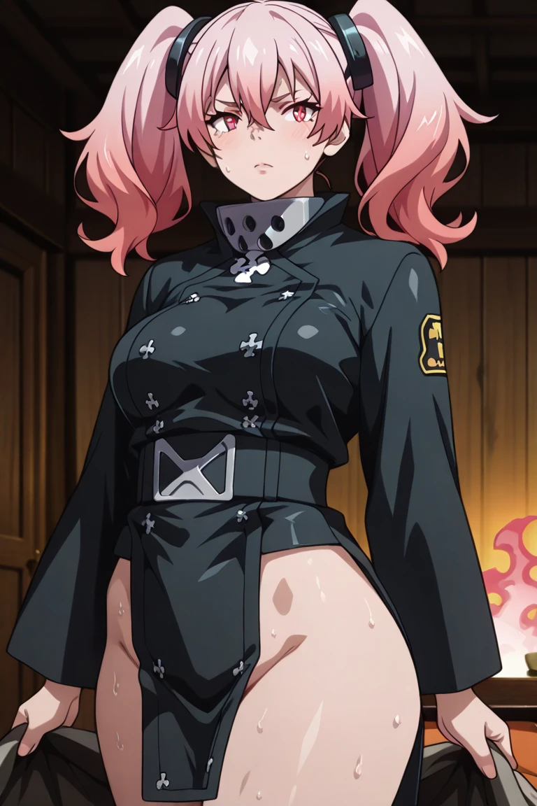 Anya Forger, huge breast, curby, mature, big shoulders, sleeves, medium breast, boots, long hair, skirt, smile, half lips stic inferion lip, red lipstic, long hair, messy hair, smile, ong hair, standing solo, full body, boots,, body suit, mini skirt