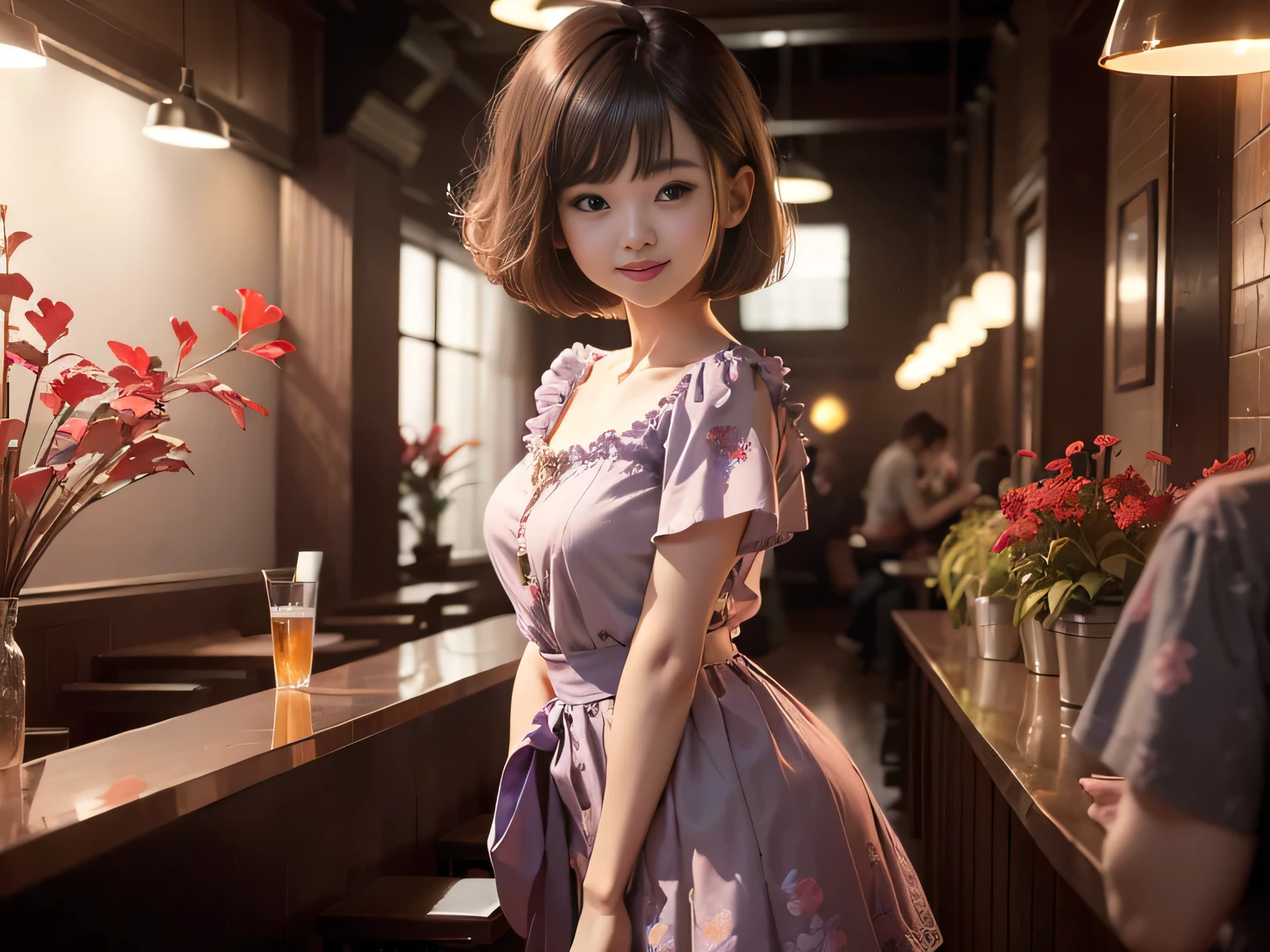 ((((short hair)))), ((((brown hair)))), best quality, 8K, HDR, highres, absurdres:1.2, blurry background, bokeh:1.2, Photography, (RAW photo:1.2), (photorealistic:1.4), (masterpiece:1.3), (intricate details:1.2), 1girl, solo, japanese girl, delicate, beautiful detailed, (detailed eyes), (detailed  features), petite, beautiful and clear eyes, detail eye pupil, (((large breasts))), skin tight, (looking_at_viewer), from_front, (skinny), (best quality:1.4), (ultra highres:1.2), cinema light, (extreme detailed illustration), (lipgloss, best quality, ultra highres, depth of field, caustics, Broad lighting, natural shading, 85mm, f/1.4, ISO 200, 1/160s:0.75),1girl, solo, ((smile)), (((slim body))), (ulzzang-6500-v1.1:0.5), upper body, ((((pink formal dress:1.2)))), standing,(pureerosface_v1:0.5), Tokyo street,night, cityscape,city lights, close up,