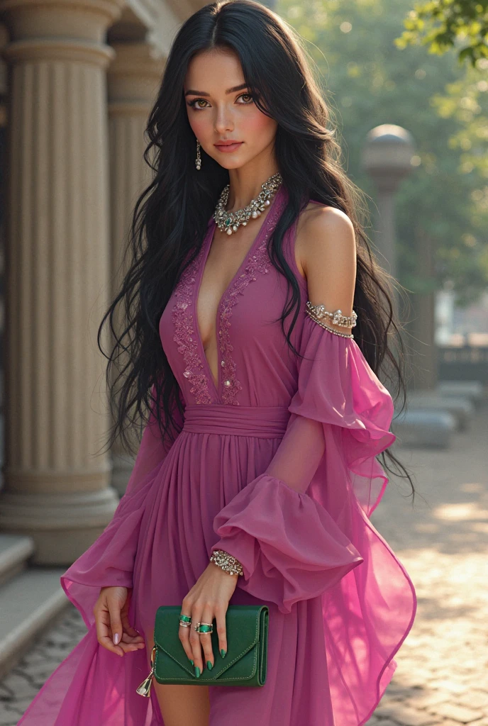 Caucasian woman; (((black hair))), wavy hair, long hair, middle-parted hair; blue eyes, ((lined eyes)), ((highlight blue eyes)), bright eyes, (eyes with reflection); ((red lipstick)), (bright lips), makeup; smile, toned body, athletic body, ((medium breasts)), nipples, (((legs))), legs; (((spring dress))), ((pink dress)), ((short dress)), Earrings, bracelets, purple nails; standing, Azalea trees in garden; frontal shot, taken from below.