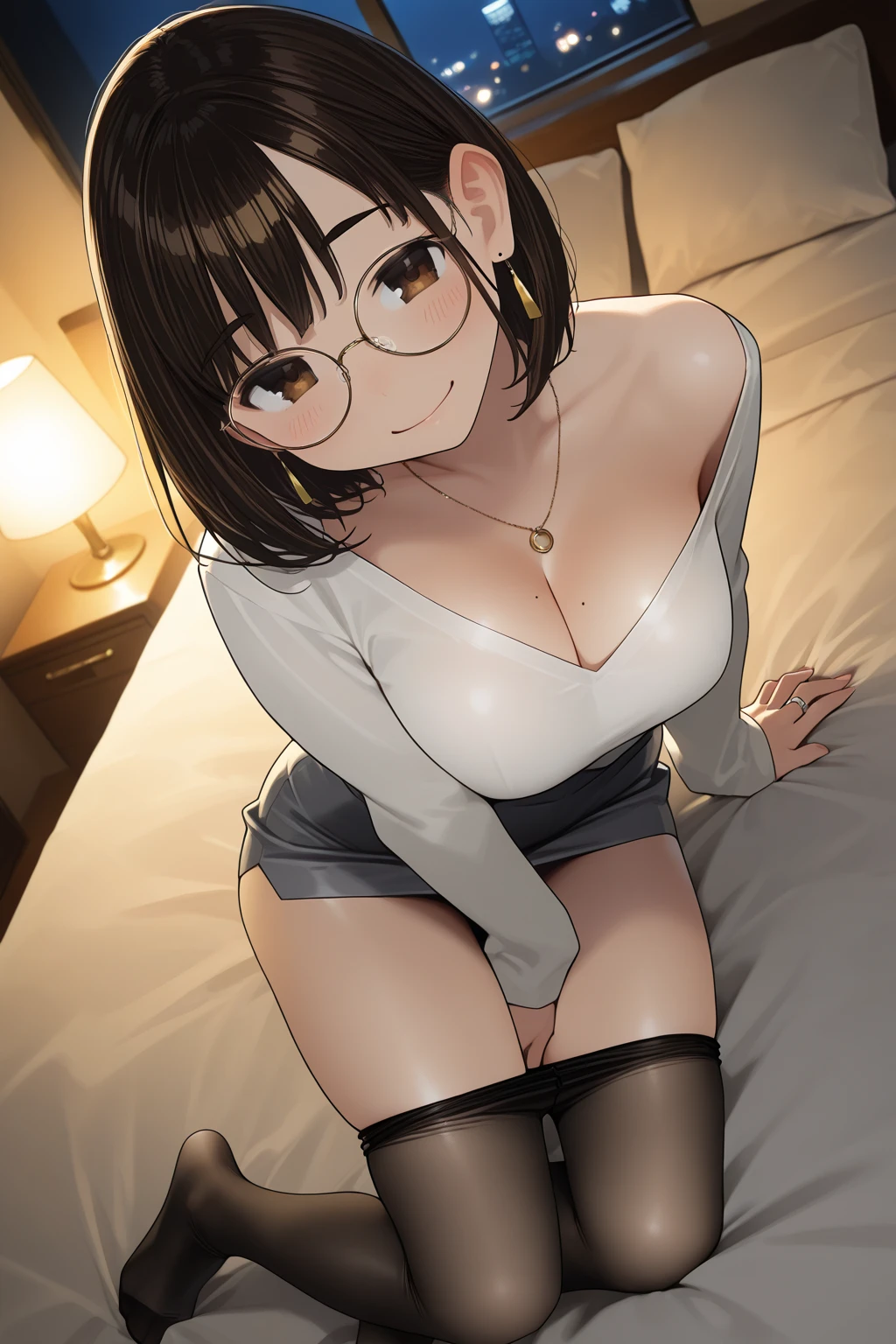 nsfw, (Best Quality:1.3), curvy, Medium bob, Brown-haired ,blush, embarrassed, ((beautiful face)), glasses, ((bare breasts)), sweat, ((smile)) BREAK spread legs, legs up, hold own thighs, lying