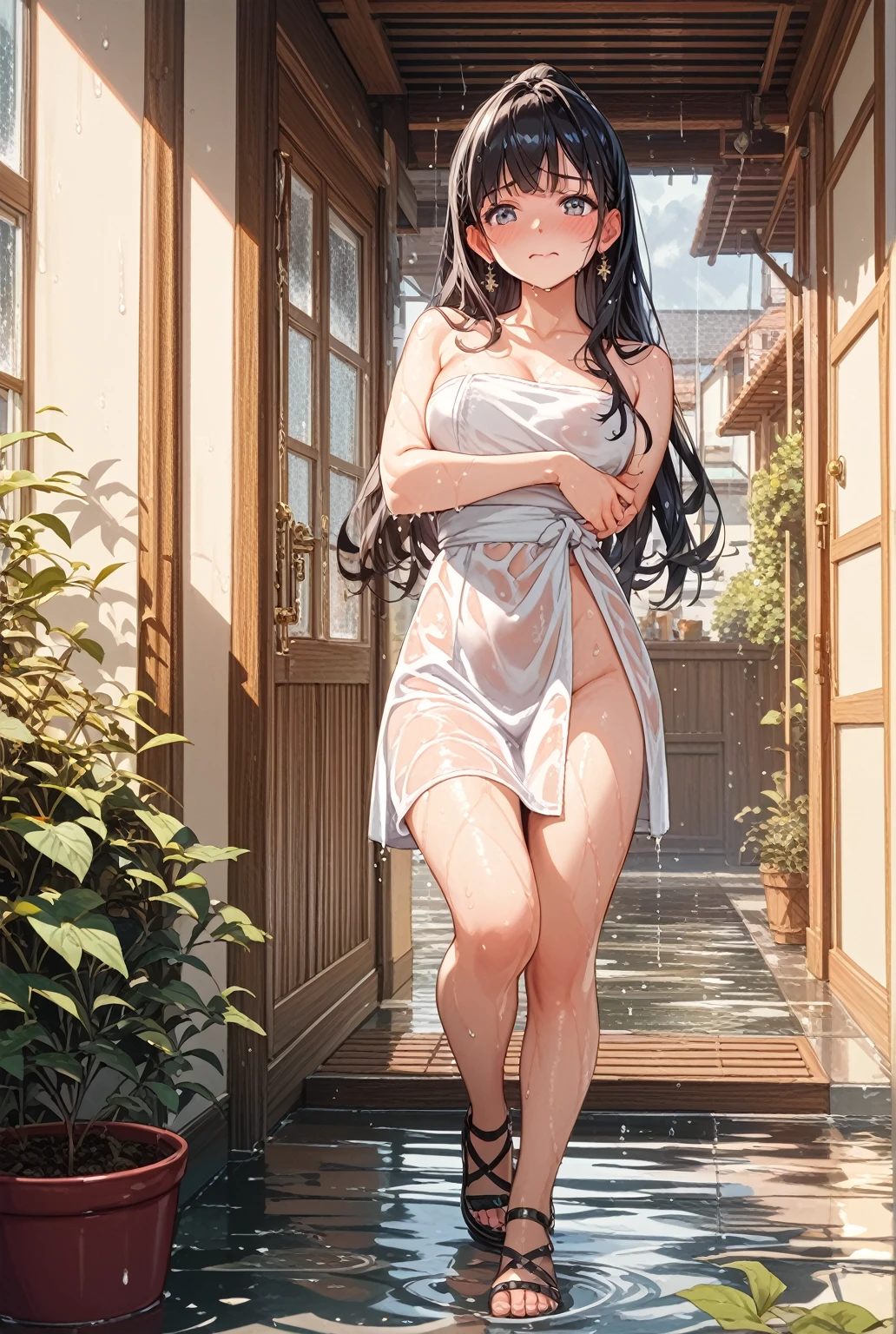 sexy girl with wavy hair, girl is wearing a white see through shirt, girls white underwear is visible underneath her shirt, with green eyes, with freckles on her cheeks, girl is completely naked, girl has large breasts, lewd, standing next to a house by the sea,
