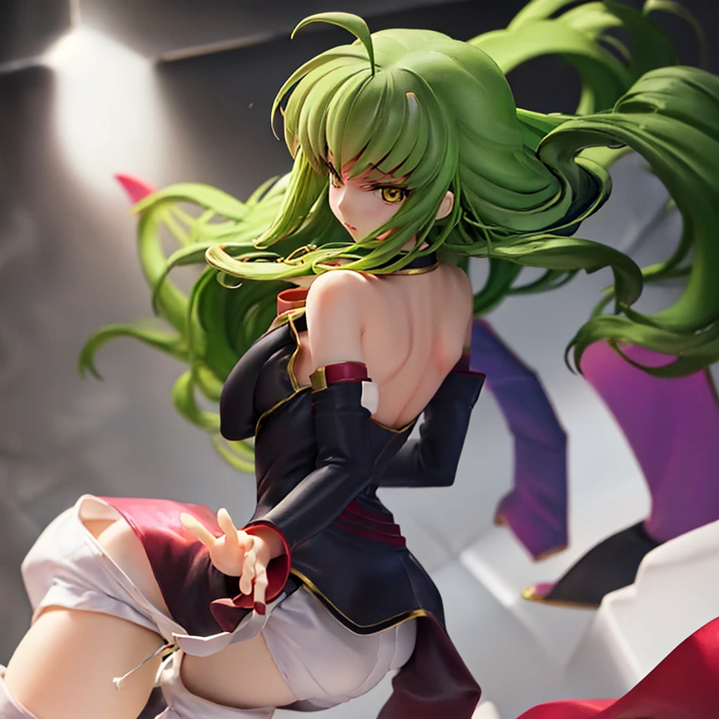 ((best quality)), ((masterpiece)), (detailed), perfect face, anime girl with big , green long hair, ponytail, yellow eyes, yellow shirt, white jacket, short skirt, panties, 8k, masterpiece