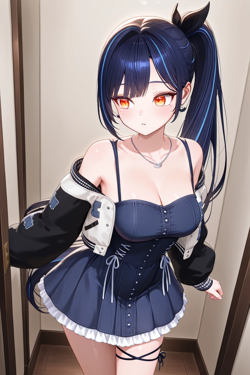 (artwork, best quality) a girl with long blue hair, blue eyes, blue eyelashes, black mini skirt, long black pantyhose, black off shoulder dress, wearing black captain's hat, tattoo, big breasts, perfect body, 4k hd, blushing, embarrassed, in a room