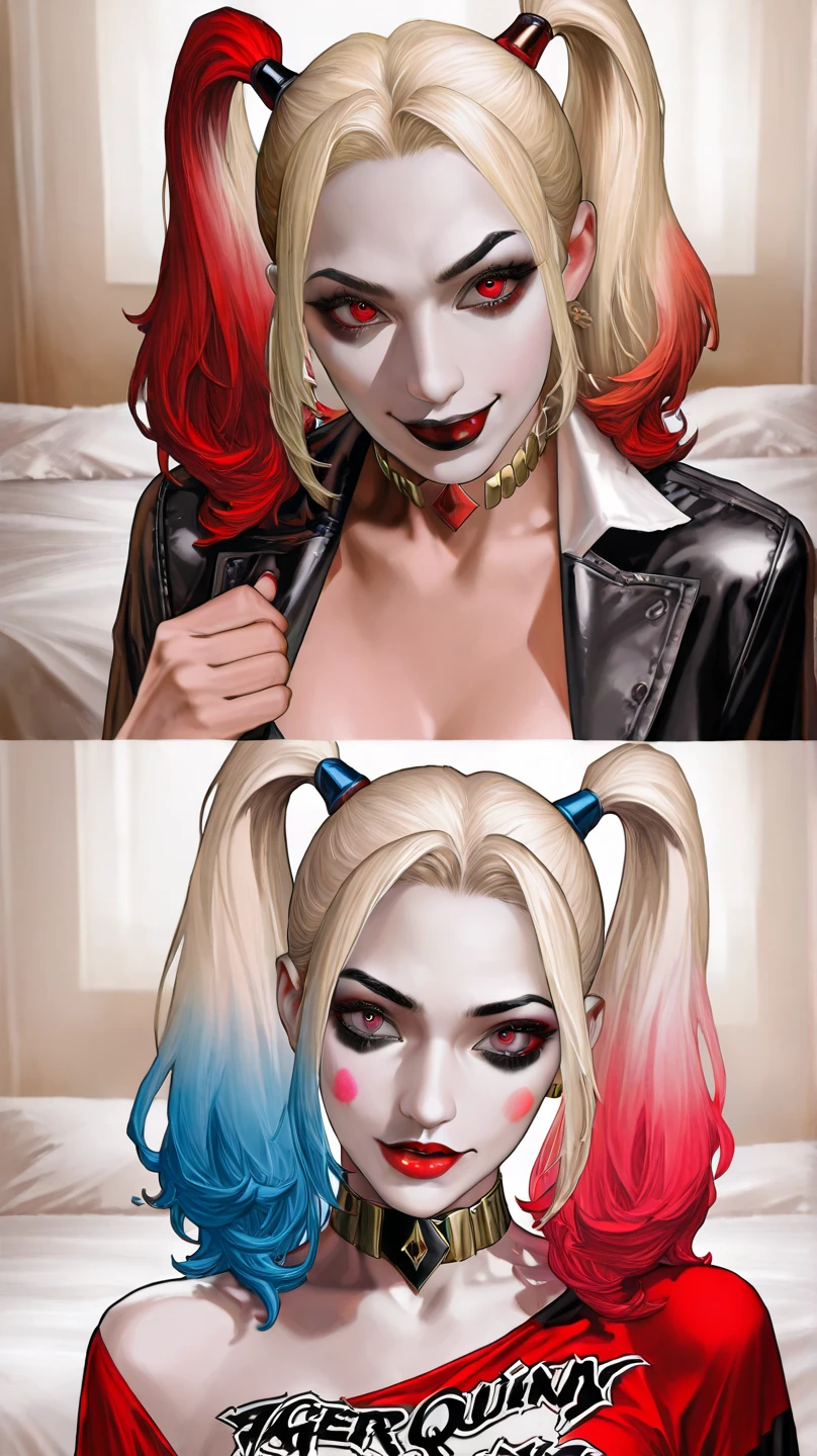 Margot Robbie as Harley Quinn, scantily laid, sexy, underwear, mouth full of milk