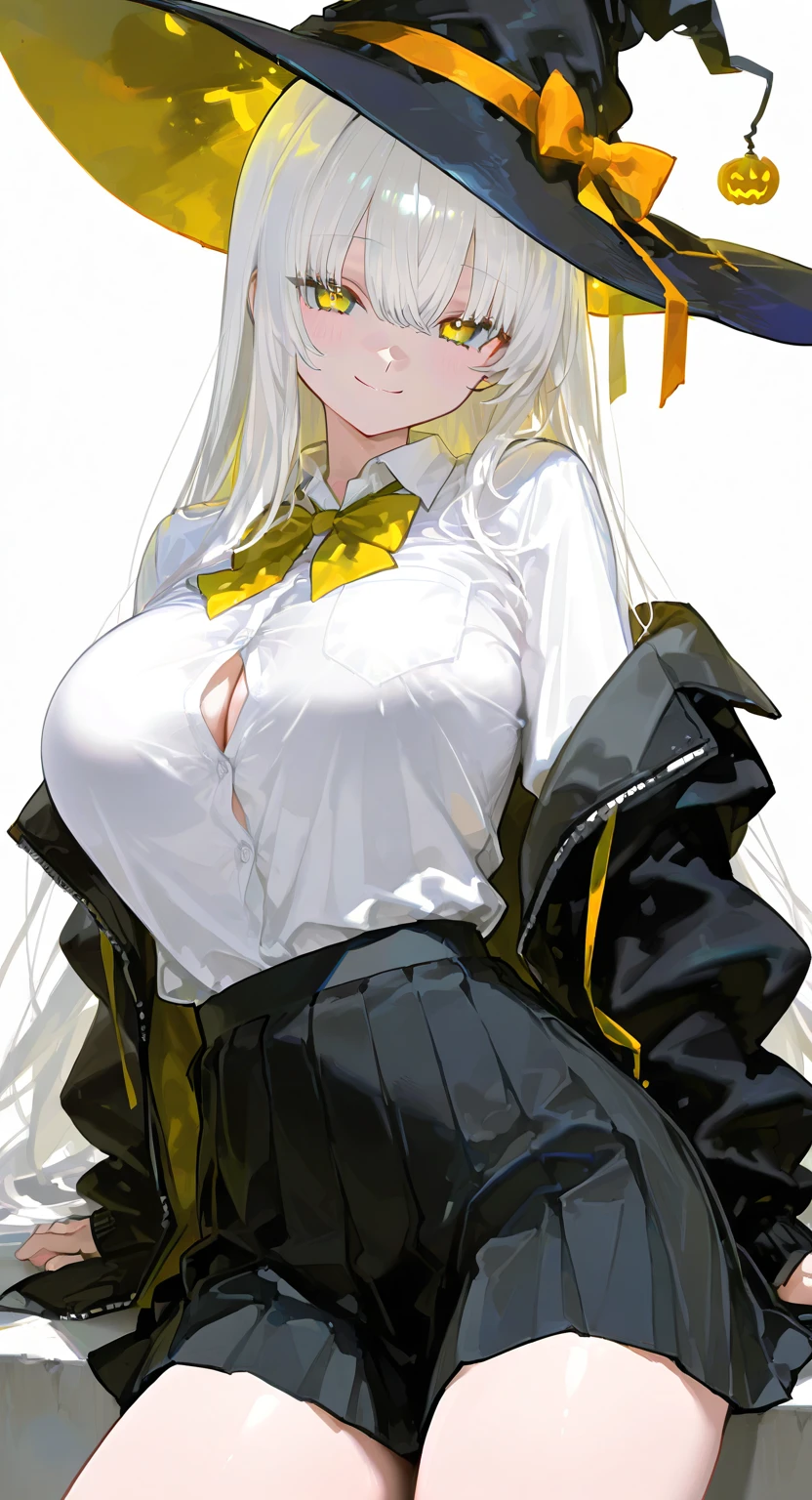 score_9, score_8_up, source_アニメ,blunt bangs,ponytail,Yellow Eyes,Gray Hair,Big Breasts,((1girl)),White background,areola,oiled skin,sharp eye,,stockings,High leg,latex,inner,tie,garter belt,High heels,The whole body is shown,Expressionless,Front opening