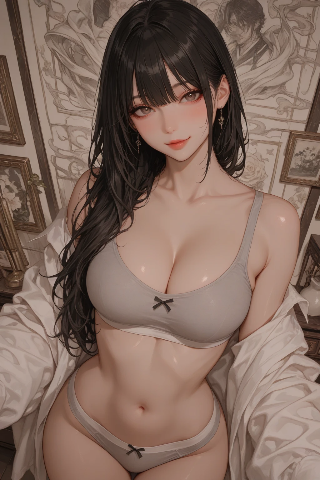 there is a woman in a white bra top sitting on a bed, seductive anime girls, realistic shadow perfect body, Smooth anime CG art, photorealistic perfect body, beautiful and seductive anime woman, photorealistic anime girl rendering, realistic bikini, anime highly detailed, Shiny white skin, attractive anime girls, Smooth translucent white skin, Sexy body, Detailed body, Beautiful anime girl