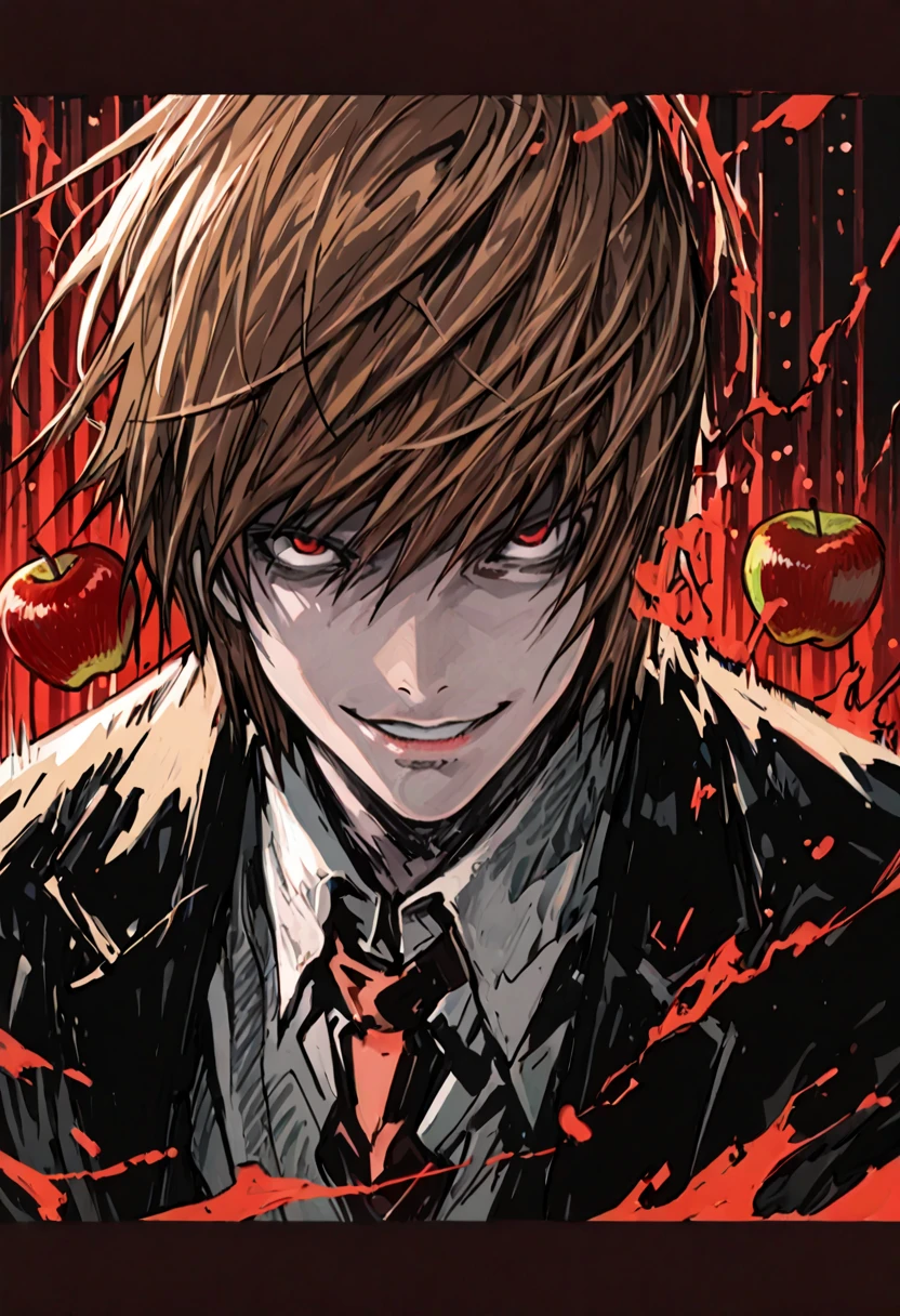 (score_9,score_8_up,score_7_up) LIGHT YAGAMI, DEATH NOTE, 1 MAN, EVIL SMILE ,), ,,extremely CLOSE detailed,dynamic lighting,best quality,,,best quality,high quality,, , dynamic angle, , thick thighs, motion lines,, , solo, perfect eyes,,DETAIL FACE CLOSE,MASTERPIECE,,Expressiveh, ultra detailed,,,,very detailed,extremely detailed,dynamic lighting,best quality,(score_9,score_8_up,score_7_up), RED eyes, BROWN SHORT HAIR SPIKY hair, , BODY TYPE SLIM,,extremely detailed,dynamic lighting,best quality, pale skin, LIGHT YAGAMI, DEATH NOTE, LIGHT YAGAMI (((Light Yagami with an evil, demented look, red eyes, and a wicked smile. An oppressive, dark red atmosphere, with a striped background in red and black tones.))) death note, anime masterpiece, trending anime art, anime style 4 k, epic anime style, trending anime artwork, anime cover, high quality anime artstyle, anime wallpaper 4k, anime wallpaper 4 k, anime poster, anime trending artwork, TAKESHI OBATA STYLE, anime, male, , yagami light, 4 k manga wallpaper, death note style, death note, 4k anime takeshi obata wallpaper, high quality fanart, with apple, high definition anime art, anime art wallpaper 4 k, anime art wallpaper 4k, anime art wallpaper 8 k, anime wallpaper 4 k