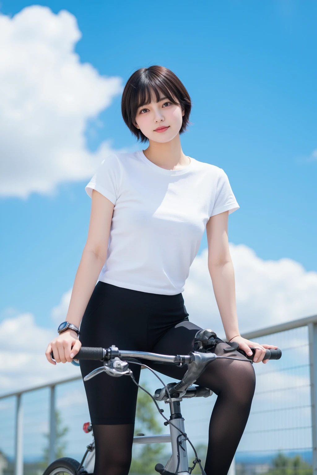 (Masterpiece, Best-quality, RAW-photo, Super-high-quality, Highest-quality, Photorealistic, 8K photo, ),
(anatomically correct, accurate human body, realistic person)
(Thin waist and style body, 16-years-old, Realistic Japanese girl, short height, Kawaii Japanese, angelic beauty),
(Cycling wear, Montbell, racer pants, arm warmers, cycling jerseys, cycling pants, cycling bike, bianchi),
(whole body, full length, standing, hold the handlebars of a bicycle),
(maiko, angelic beauty, Round face, Black hair, Black eyes, Moist eyes, Shining eyes, Short bob cut, Bangs, Down-slating eyebrows, one little earring),
(smile),
(Along the river, cycling road, clear sky),
bright lighting