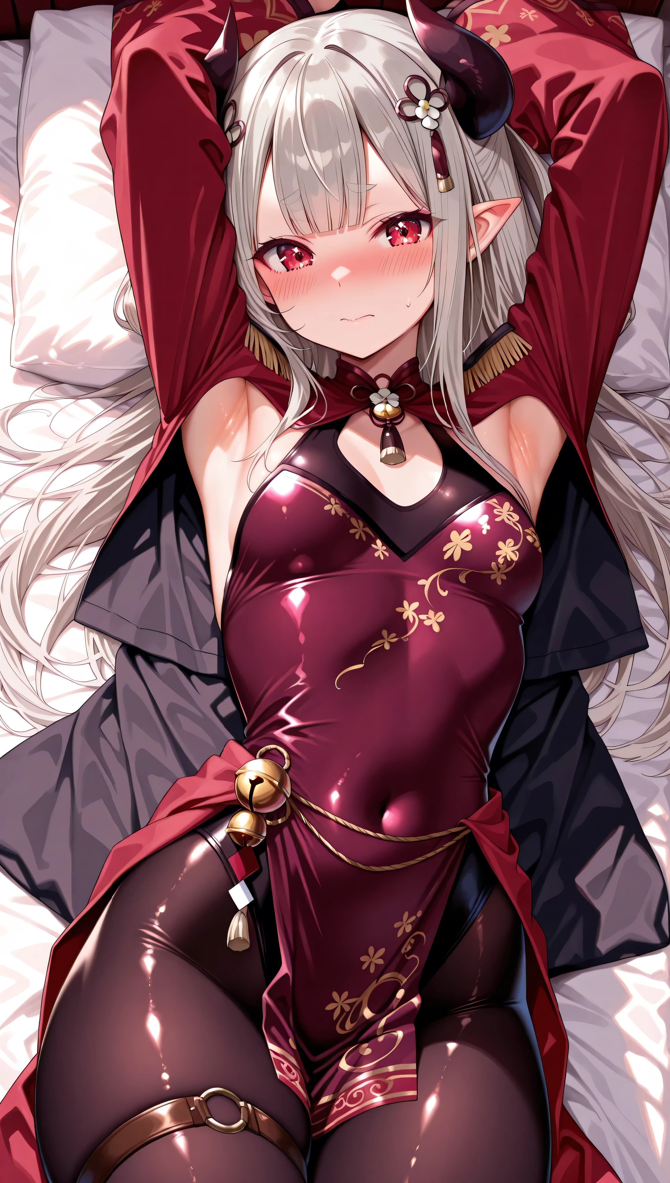 solo,masterpiece,best quality,super fine illustration、finely detail 、clear picture、UHD、HDR, amazing quality, highres, absurdres, very aesthetic, high resolution, ultra detailed, perfect details,(masterpiece, detailed:1.2)、nijinaraka,small breasts,red eyes,diamond-shaped pupils,symbol pupils,short eyebrows,grey hair,white hair,pointy ears,demon horns,long hair,hair rings,blunt bangs,hair ornament,nijinarakacos,black dress,print dress,leotard under clothes,pelvic curtain,red shrug\(clothing\),red jacket,crop top jacket,epaulettes,red sleeves,saggy sleeves,print sleeves,long sleeves,wide sleeves,ornament around waist,thigh band,jingle bell,black pantyhose,print pantyhose,,lie on own back,embarrassed、lie on own back,armpit focus,embarrassed、mature female、thick thighs