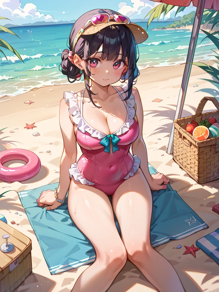 Anime Waifu beautiful detailed eyes, beautiful detailed lips, extremely detailed eyes and face, longeyelashes, 1girl, sensuous, young woman, medium breasts, beautiful feminine face, nice thighs, slim, sexly, erotic, beautiful clothes, perfect body, cinematic lighting and framing, (best quality,4K,8k,highres,masterpiece:1.2),ultra-detailed,digital painting,portrait,glamorous,highly detailed,soft lighting,warm color tones High quality illustrations。She is an adult woman with a mysterious and charming aura..。with sharp eyeliner。Her skin is tanned、she has black hair。She has pink highlights in her hair。Her hairstyle is a vertical ponytail on both sides.。without hat。pink eyes。the outfit is a golden bikini with a triangular cut..。breasts big。The areola is clearly visible。She has a good style、glad, face red。the love sign is displayed。Sleep on your back。she is out of breath and sweating.。she is removing the chest strap with one hand.。The location is the beach sand。The bikini strap on your chest is slipping.。She is accepting the touch of her body by a man..。A man standing in front is placing mushrooms。(Create another man on the screen)