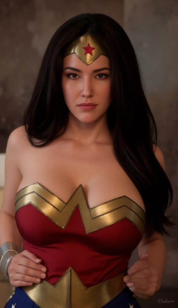 Wonder woman from dc, ultra realistic, 8k hdr, pure white skin, blush, long brown hair, perfect face, perfect shape body, ultra large breasts, medium size perfcet waist, small size hips, nsfw, seductive, posing to viewer, 3d, in a closed room