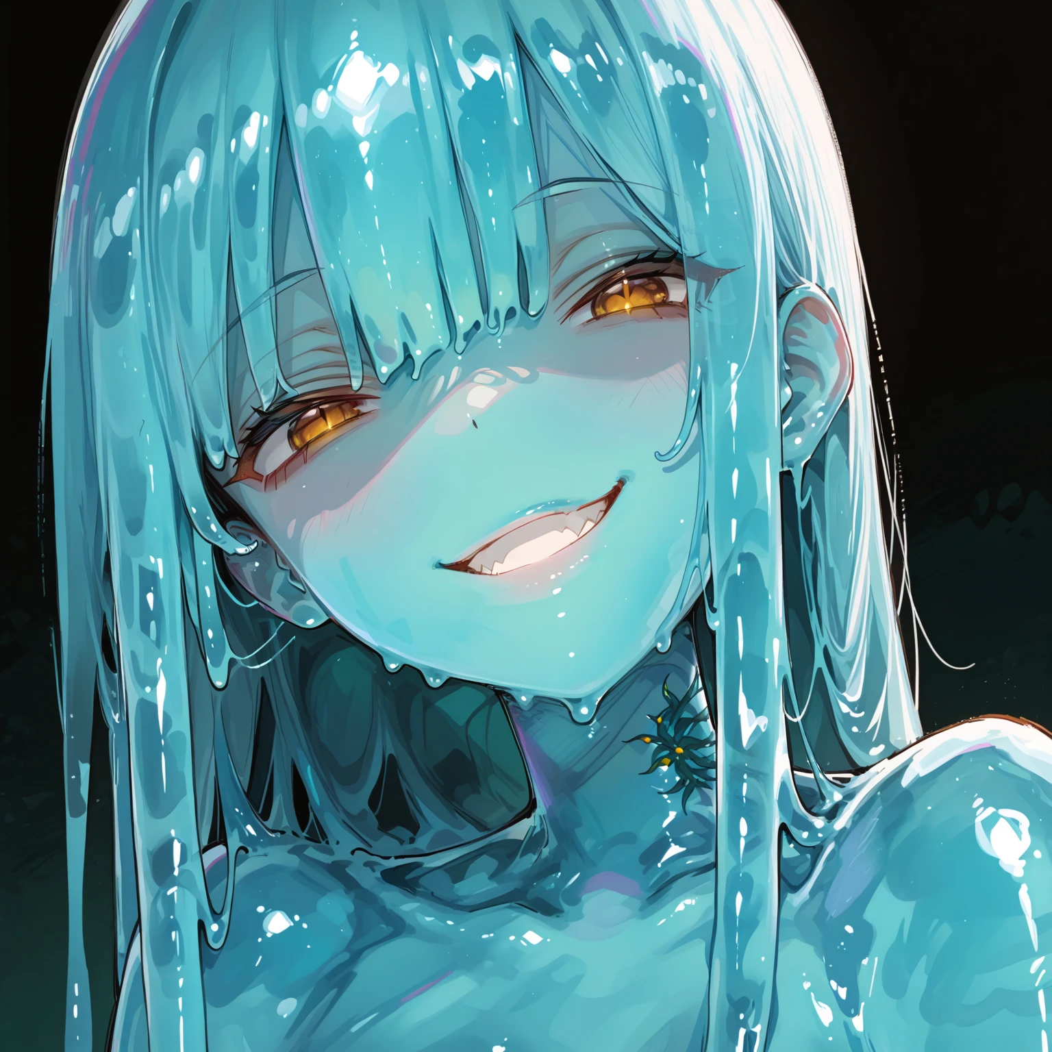 (slime girl:1.4) (using a school jersey jacket), blue transparent skin, (melting:1.2), (flat chest:1.3), messy room background, (using a black bdsm micro bikini), (long:1.2) (multicolored hair), wet skin, close up, natural lighting, liquid hair, (rainbow hair:1.2),

[watercolor:realistic:0.7], intricate detail, ((portrait)), detailed hair, cinematic shot, photo referenced, highest quality, high quality, (detailed face and eyes:1.4),