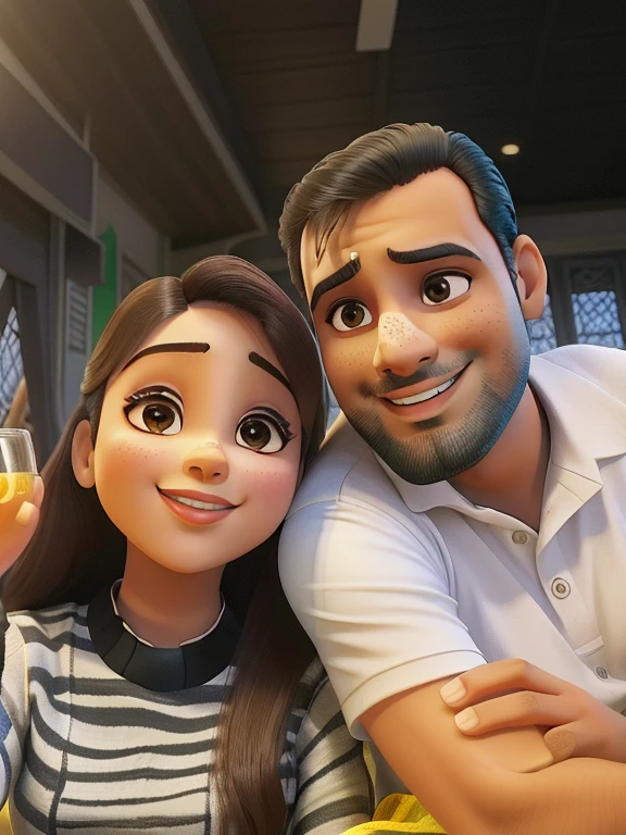 Um casal feliz, on a characteristic Disney, o homem com a barba cheia e cabelos pretos, a mulher com a pele mais escura, mais realista, muda o fundo