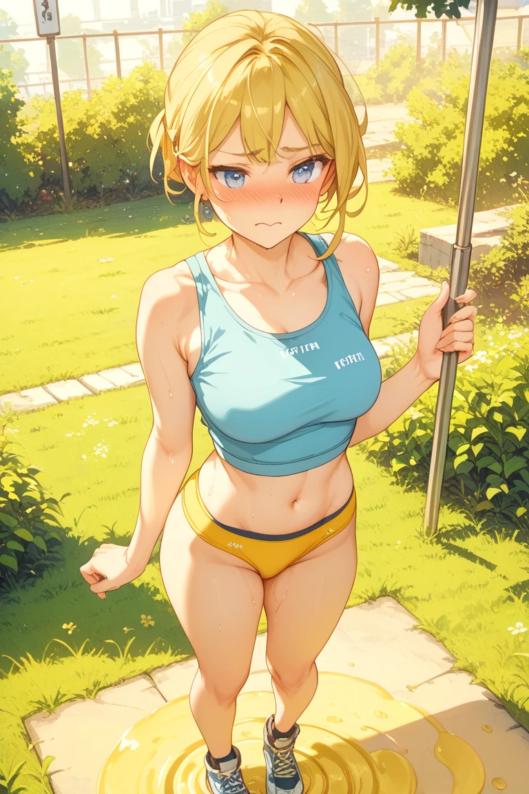 Girl, very skinny, flat stomach, very cute, flat chest, athletic, blue swimsuit, small head, blonde hair, green eyes, in a swimming pool, small hips,