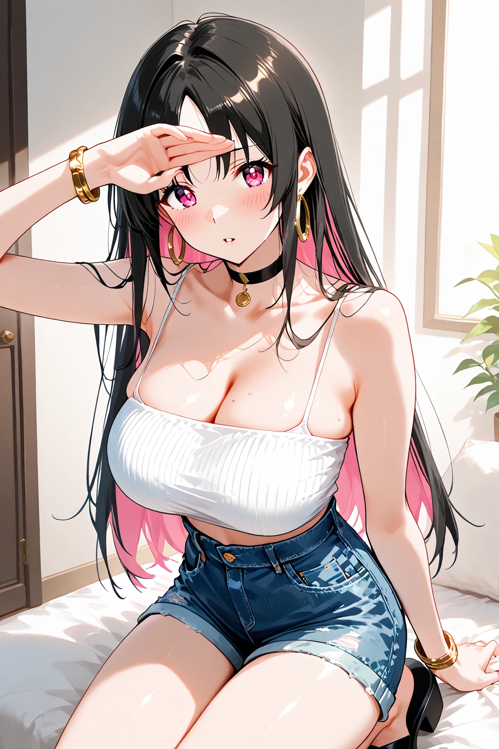 1girl, large breasts,clothes in mouth, cleavage, navel, t-shirt, ((bra)),clothes lift, shirt in mouth, black hair, blue eyes