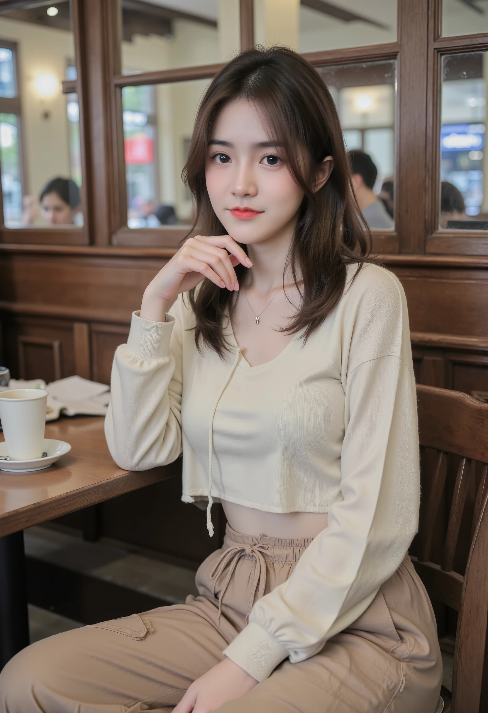 ((a young Taiwan woman with slim but healty waist, long slightly wavy hair, big eyes, big pupils, sharp nose, small cute lips, perfect body, slightly toned stomach, wide , small navel)), (wearing a cream long-sleeved drawstring crop top, wearing low-waist loose beige brown cargo pants an ealstic waist), small smile, wearing a small pendant necklace, ((pose:left hand holding chin, head slightly raised, looking at camera)), sitting on the chair with table, (there is a cup of coffee on the table), was in a classic cafe that was busy with people, natural light, ambient light cafe. ((Photo-realistic, ultra detail, 8k, best quality Raw Photo)).