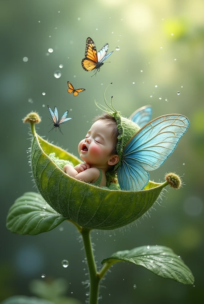 A hyper-realistic close-up image of a baby  perched on a dew-covered leaf in an enchanting garden. This scene depicts a soft, gentle, and beautiful morning moment. Image quality and detail is similar to what would be expected from photos taken with a Sony Alpha camera using a 100mm macro lens, with resolution comparable to 8K UHD. Mosquito drops and dew on leaves, displaying a high level of realism and sharpness.