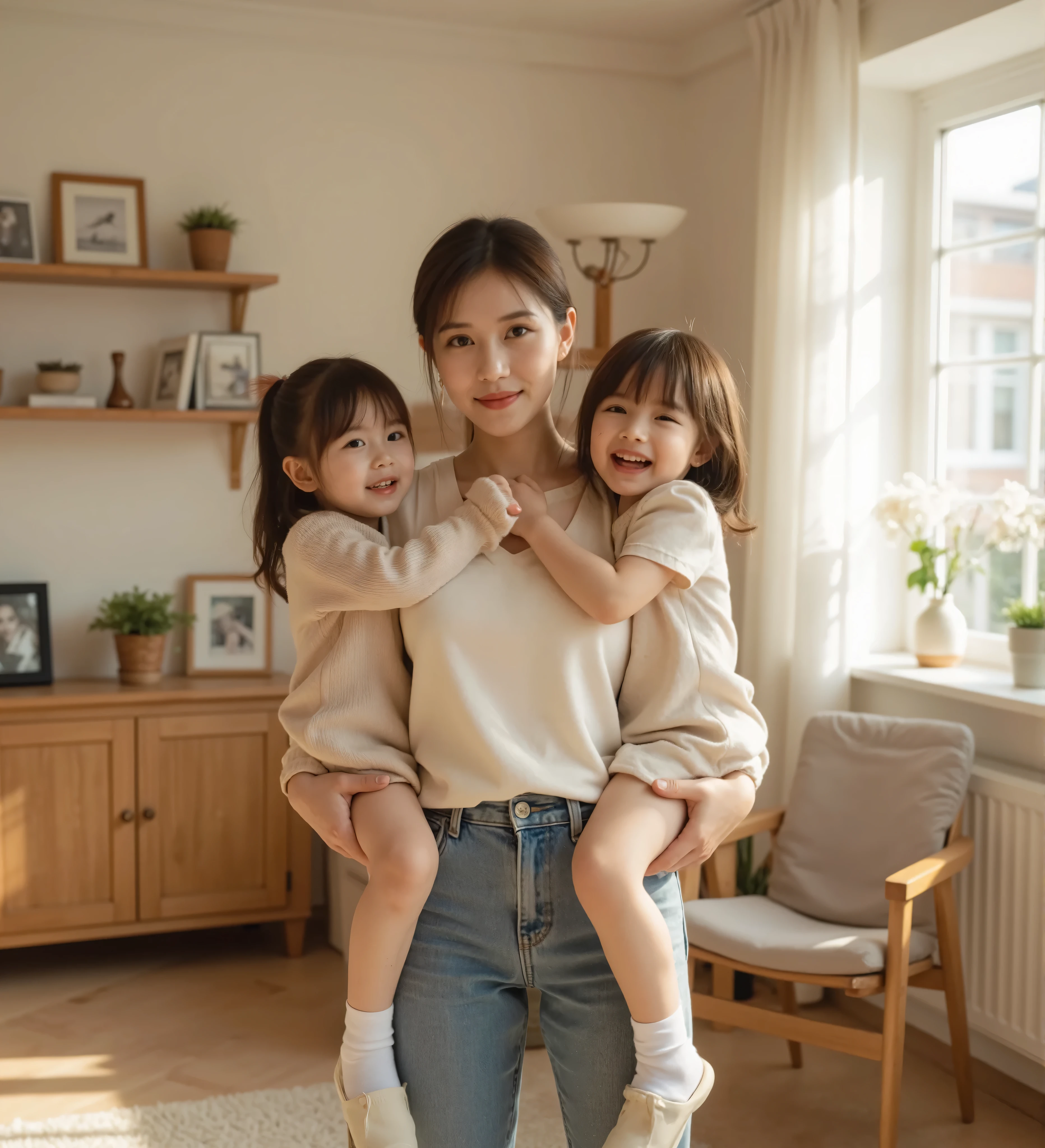 ultra-realistic, heartwarming scene of a strong, confident mother standing in her cozy living room, carrying her two young daughters in each arm effortlessly, mother wearing a casual yet stylish home outfit, natural makeup, hair neatly tied back, soft sunlight streaming in through a nearby window, wooden furniture and family photos in the background, daughters smiling happily, one hugging her mother’s neck, the other laughing while holding a small toy, warm and loving atmosphere, highly detailed skin texture, realistic lighting, cinematic depth of field