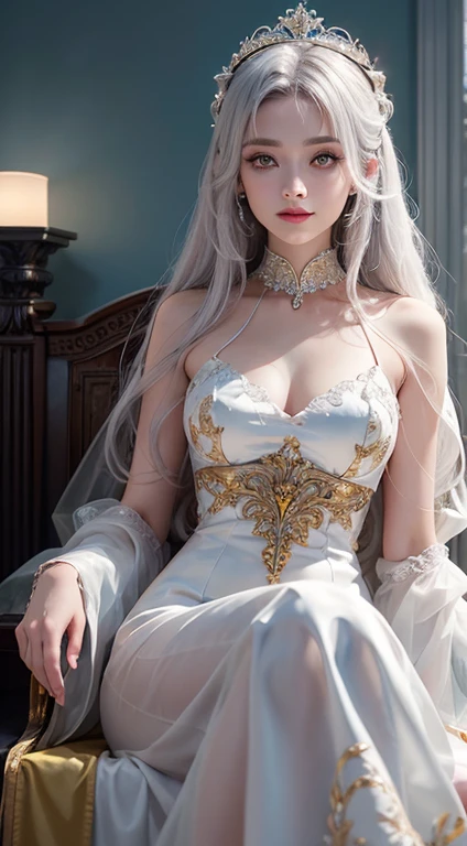 (masterpiece:1.2), highest quality, (figure:1.2), (Very detailed), Hyper Details, (Delicate and detailed), (Intricate details), (Cinematic Light, highest quality Backlights), Clear lines, From below, soloist, Perfect body, (One little girl), White hair and yellow eyes, (Emperor, See-through clothing), (Crown: 1.1), Sitting on the throne, smile, (shy: 1.2 ), (compensate), High Contrast, (Best lighting, Very creative and beautiful), (Cinematic Light), colorful
