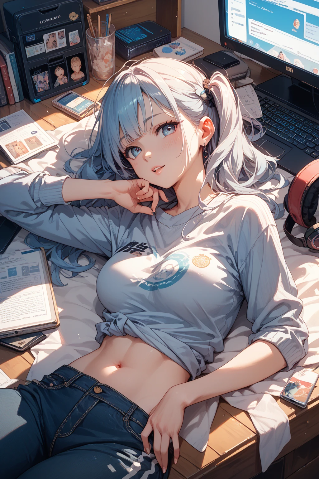((8K, Highest Quality, Masterpiece:1.3)), Ultra High Quality, (1 Girl, 1 Person), (Color Changing Eyes, Super Detailed, Expressive Sparkle, Sparkling Eyes), Highly Detailed Eyes, Highly Detailed Face, Random Hair, (Silver Grey Color), Exposed, (Striped Crop Top), Denim Flared Skirt, Colorful Sneakers, Leather Backpack, Small Sunglasses, Natural Lip Color, Straight Hair, (Cute Underwear:1.2), (Ecstatic Face:1.3), Lying on Back, Wet Panties, Angle from Below, White Skin, (Classroom, Dim:1.2), Fantastic Light