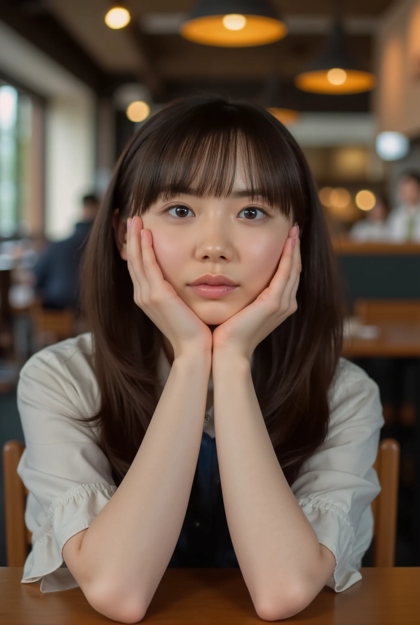A beautiful 21-year-old Japanese woman with long brown hair and bangs, (((sitting in a university restaurant with many students, leaning her chin on the table and lost in thought))), ultra-high resolution image, accurate fingers, hands, arms, legs and feet