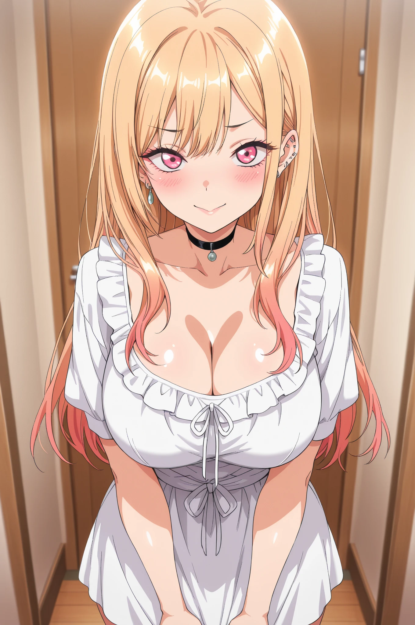 Topless, pelo rubio puntas rosas, ojos rosas, gran detalle, sucubus cosplay