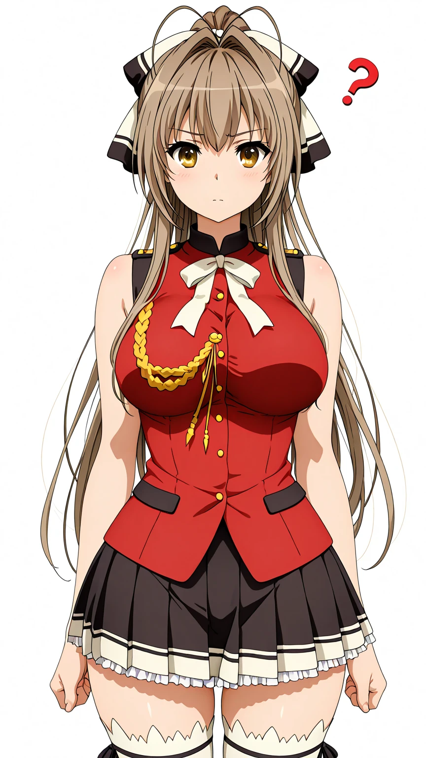 1girl, aiguillette, blush, bow, breasts, brown eyes, brown hair, frilled skirt, huge breasts, long_hair, smile , ponytail, sento_isuzu, skirt, solo, large thighs,large hips,hourglass body,crossed knees,thigh gap,thighhighs,white_legwear ,standing,walking,windows,sunset,lens flare, sunbeams, hands on chest,five fingers<lora:SENTO_V1:0.7>