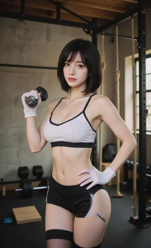 realistic、highest quality、1 girl、chestnut hair,short hair,saliva、,professional lighting、I'at the gym、power rack、colored long sleeve yoga wear、I can see the cleavage、looking at camera、I can see the whole body、cleavage、sports shoes、butt