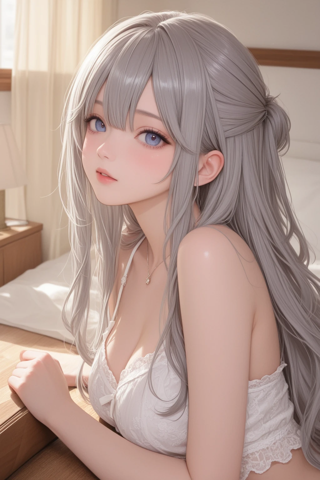 (masterpiece:1.1), (detailed:1.1), ((1girl)), (8k), medium breasts, anime girl with long silver hair, ((laying on a bed)), perfect platinum haired girl, seductive anime girl, girl with platinum hair, beautiful anime girl, photorealistic anime, realistic young anime girl, hyper realistic anime, realistic anime 3 d style, attractive anime girl, smooth anime cg art, anime girl, beautiful anime woman, silver haired, dress white, (brown eyes), (red bow), (cute face), rosy cheeks, (detailed face), (detailed eyes), (look like sinestrea arena of valor), (sinestrea from arena of valor), (beautiful face), full body shot, skin white, (eye left blue), (eye right brown), (wallpaper)