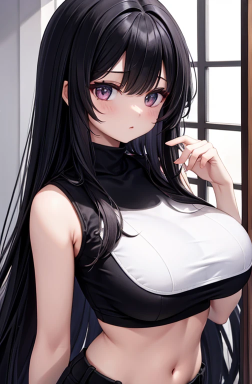 (Best Picture Quality, Masterpiece:1.2), Absurd Absolute Resolution, High Quality, One Woman, BREAK, (Black with Red Longhair:1.1), Brown Eyes, Normal Size Bust, BREAK, One Woman, Bust, Solo, Cleavage, Gaze, Normal Size Bust, Smile, Crop Top, Piercing, Parted Lips, Middle Line gemstone, lips, navel, tank top, white tank top, bare shoulders, sit, bangs, lean forward, collarbone