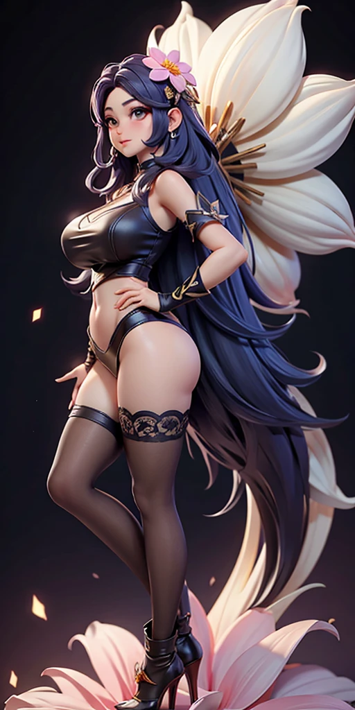 Beautiful woman , very long hair , dark brown hair , black eyes , athletic body , show abs, show legs, yellow under hair , age 26

Wearing a back lingerie, purple and gold trim , black straps, sleeveless , ???? , full body view, light purple accessories , ?????