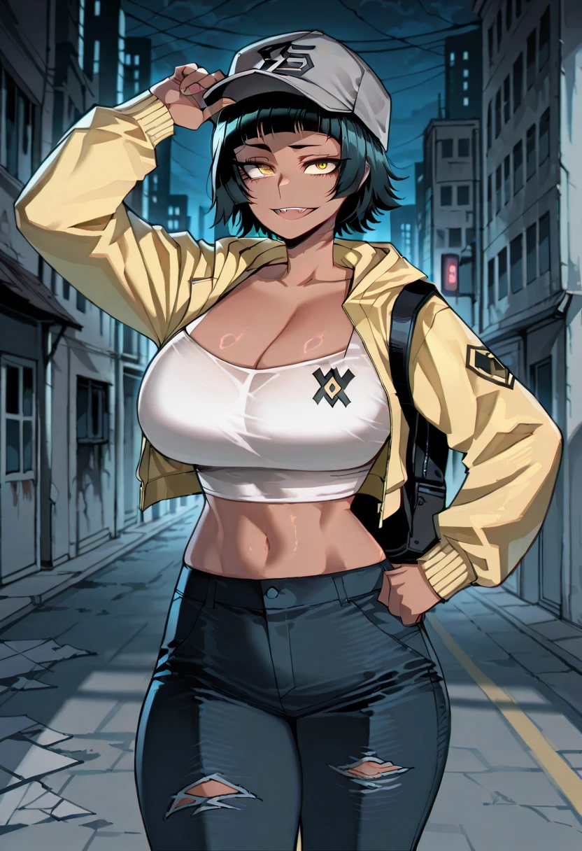 1girl, spiked hair, very short hair, yellow eyes, tan, tan skin, tan-skinned female, black hair, tomboy, pixie cut, large breasts, hourglass figure, thick thighs, smile, smirk, smug, toned, white shirt, jacket, sneakers, black jacket, shirt, short pants, shorts, fingerless gloves,